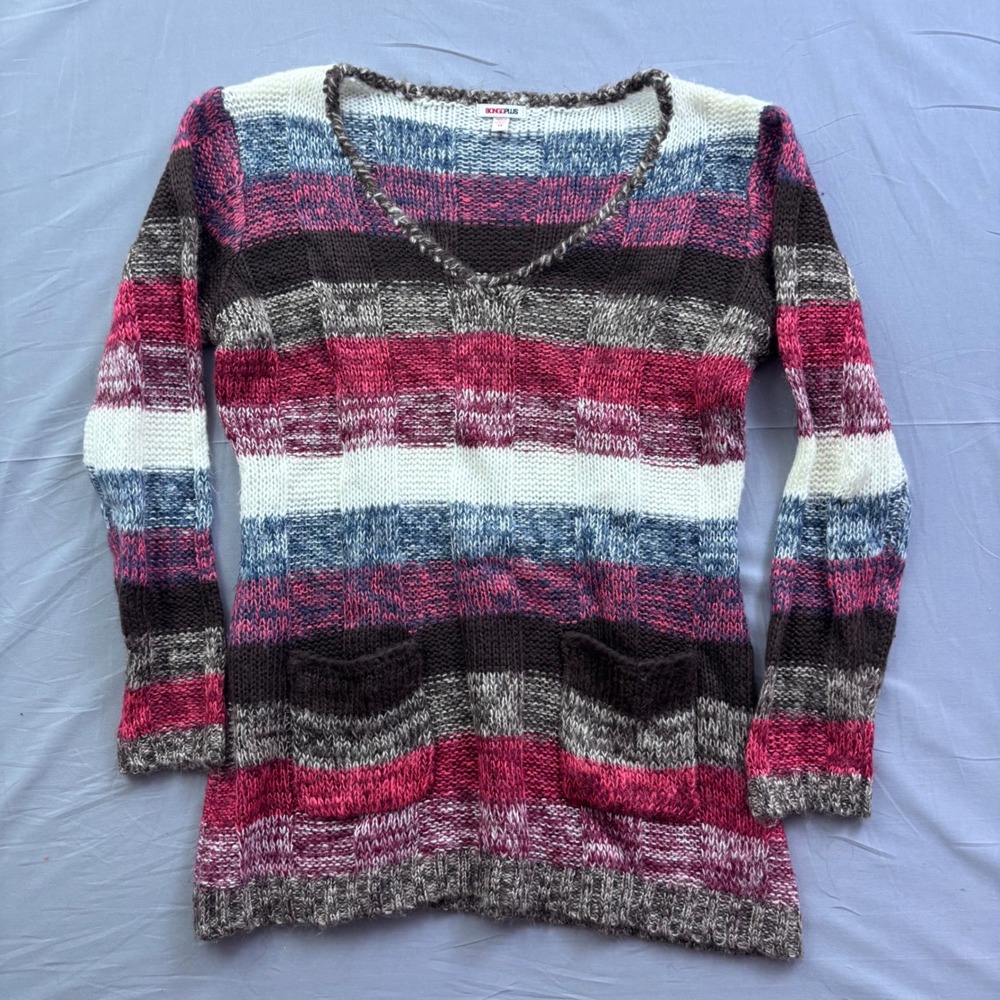 Bongo Plus‎ Womens 1X V-Neck Striped Chunky Knit Sweater Pockets Multi-Color